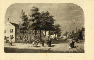 8010 Gezicht op de Brink met het logement en het rechthuis te Baarn uit het zuidwesten.01-01-1860-31-12-1860